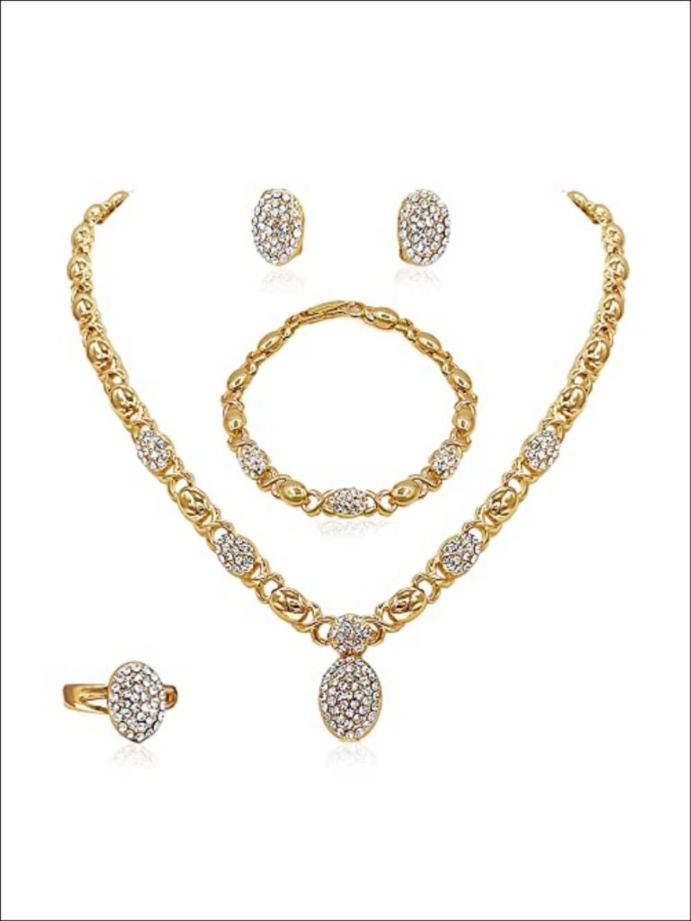 18K Gold Plated Jewelry Set Necklace Bracelet Earrings Ring Bridal Wedding
